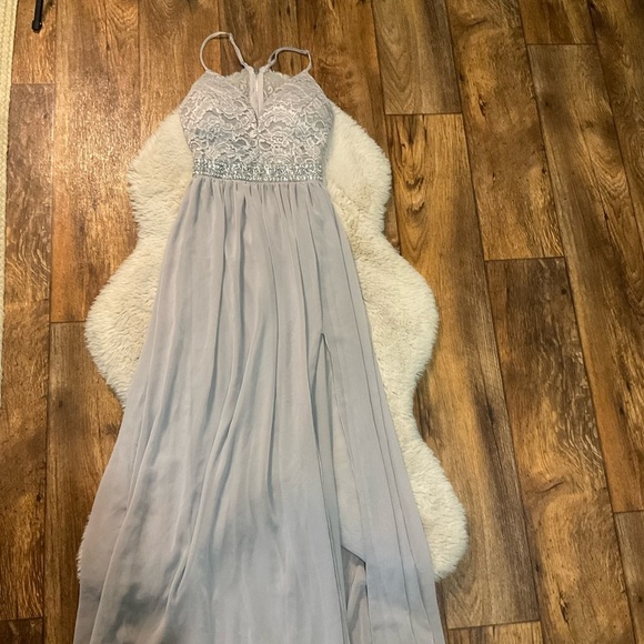 Emerald Sundae XS Silver Gray Party Dress Maxi Length V Neck Rhinestone Pearl - Picture 1 of 10